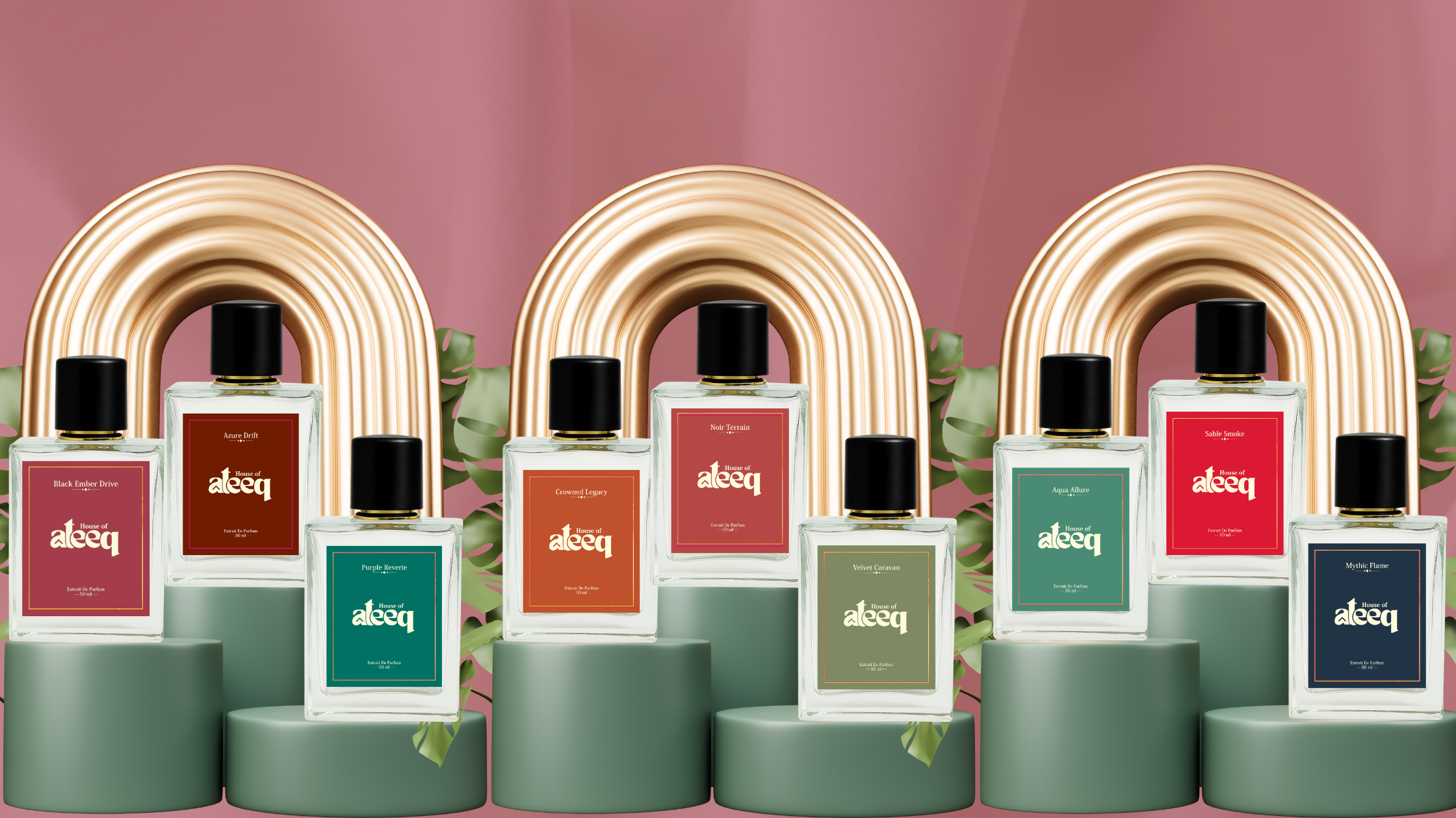 Assorted perfume bottles on green stands with a pink background