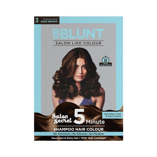 Front view of BBlunt Chocolate Dark Brown 5 Minute Shampoo Hair Colour packaging.