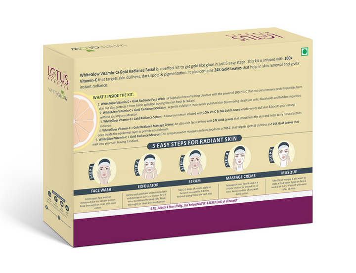 Lotus Herbals WhiteGlow Vitamin C + Gold Radiance Facial Kit – 4 in 1 Glow Boosting Treatment, 228g