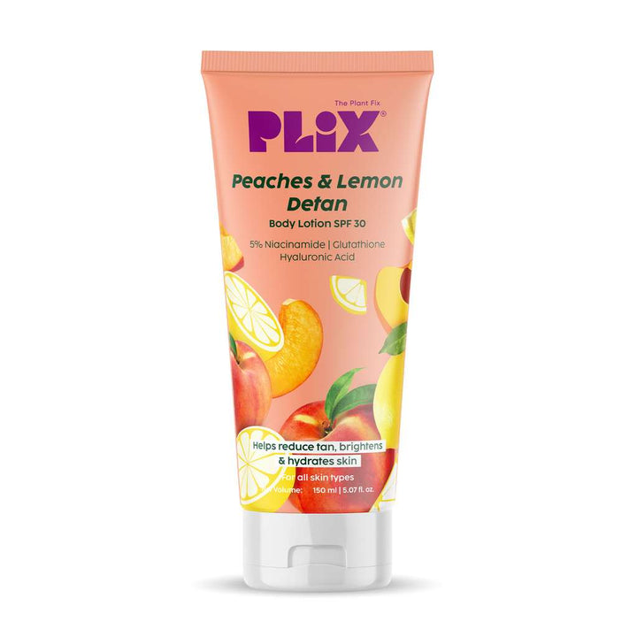 Plix Peaches & Lemon Detan Body Lotion with SPF 30 | Brightens & Moisturizes for Softer Skin, 150ml