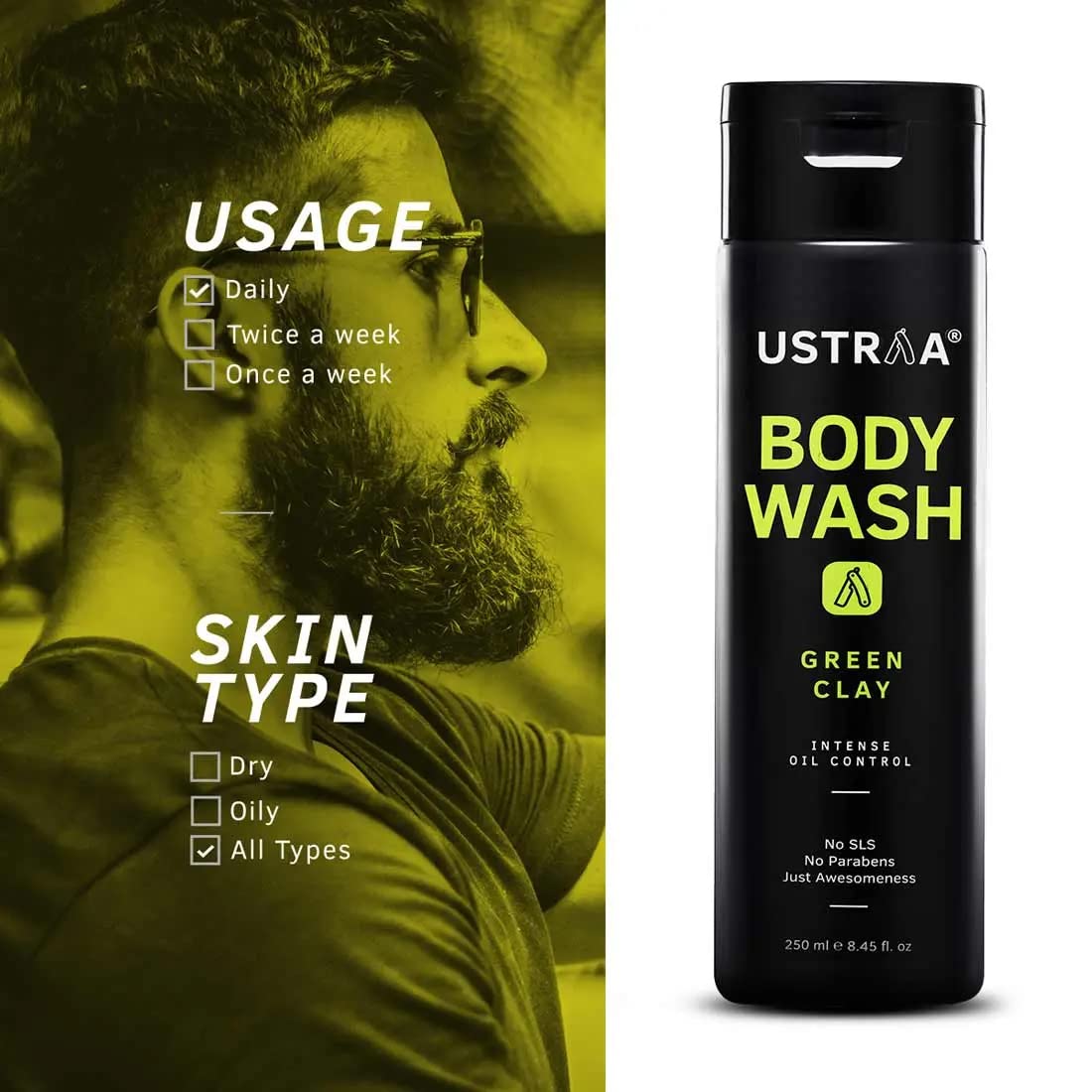 Ustraa Body Wash - Green Clay, 250ml