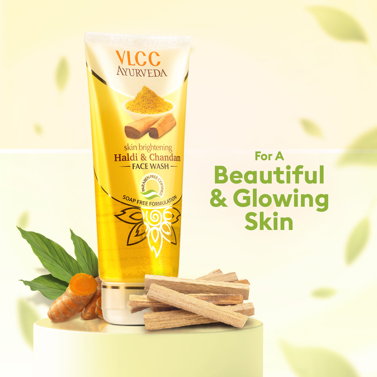 VLCC Ayurveda Haldi Chandan Face Wash tube with turmeric and sandalwood on a light green background