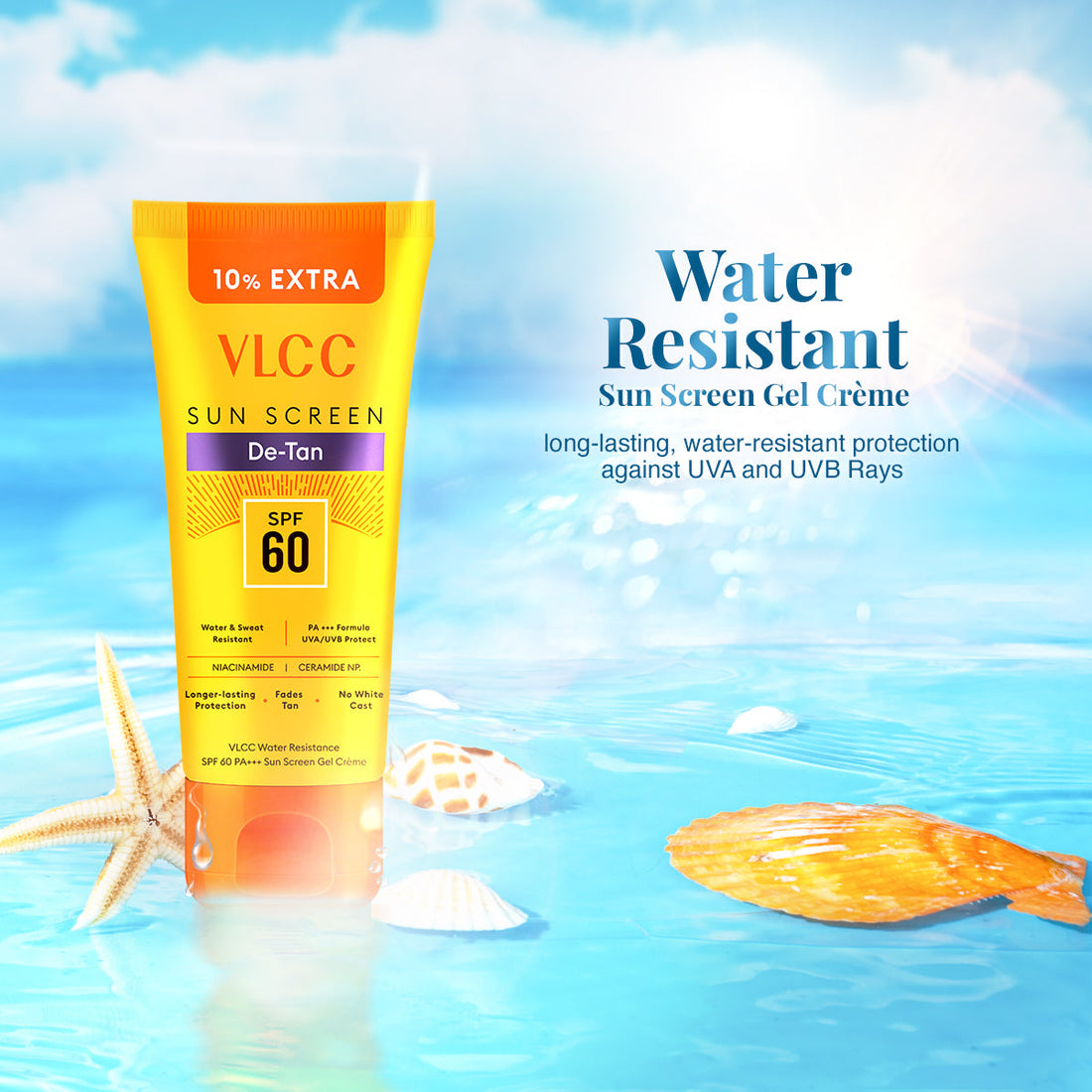 VLCC sunscreen gel crème tube with beach background